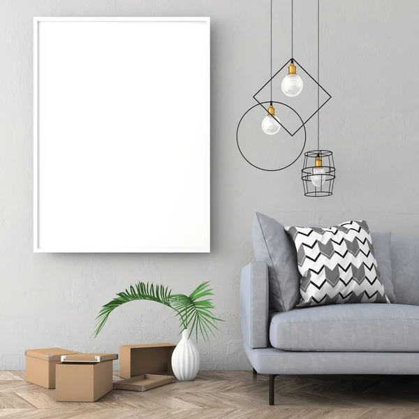 Poster çerçevesi İskandinav iç açık renk duvar ve eski parke ile alay. 3D render