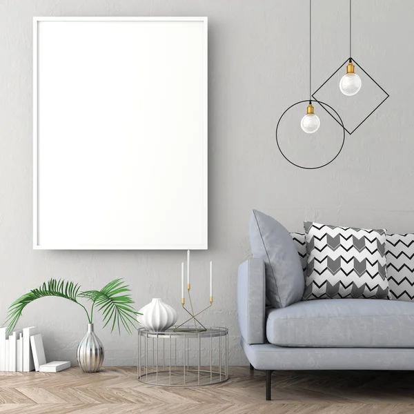 Poster çerçevesi İskandinav iç açık renk duvar ve eski parke ile alay. 3D render