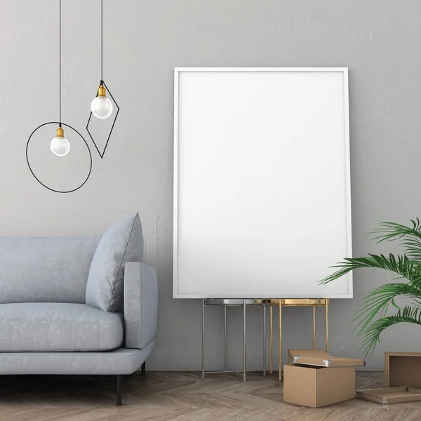 Poster çerçevesi İskandinav iç açık renk duvar ve eski parke ile alay. 3D render