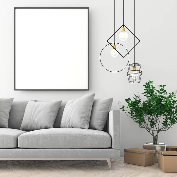 Poster çerçevesi İskandinav iç açık renk duvar ve eski parke ile alay. 3D render