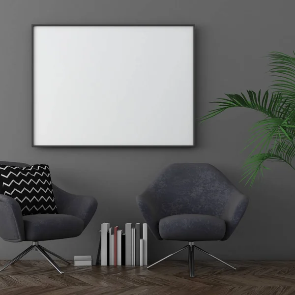 Poster çerçevesi yumuşak mobilyalar, İskandinav tarzı, 3d render ile karanlık iç arka plan dalga