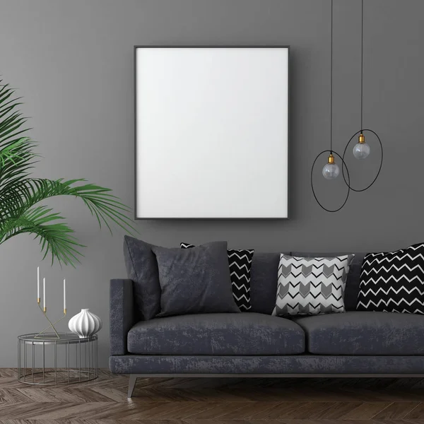 Poster çerçevesi yumuşak mobilyalar, İskandinav tarzı, 3d render ile karanlık iç arka plan dalga