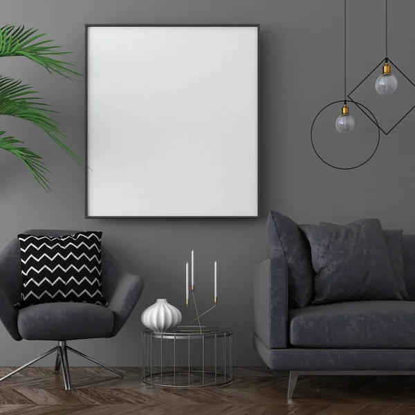 Håna upp affischram i mörk interiör bakgrund med mjuka möbler, skandinavisk stil, 3d render — Stockfoto