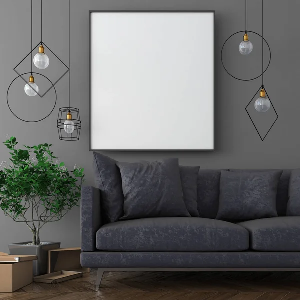 Mock up poster frame in dark interior background with soft furniture, scandinavian style, 3d render — Stock Photo, Image