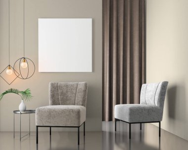 Kadife koltuklar, İskandinav tarzı, 3d render ile iç arka plan dalga