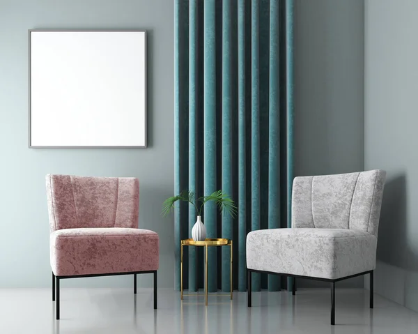 Kadife koltuklar, İskandinav tarzı, 3d render ile iç arka plan dalga