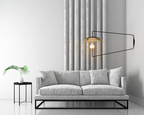 Kadife koltuk, İskandinav tarzı, 3d render ile iç arka plan dalga