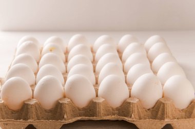 Farm white chicken delicious eggs in a large package
