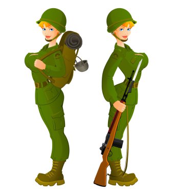 Askeri üniformalı kadın askerler. Set maskotlar.