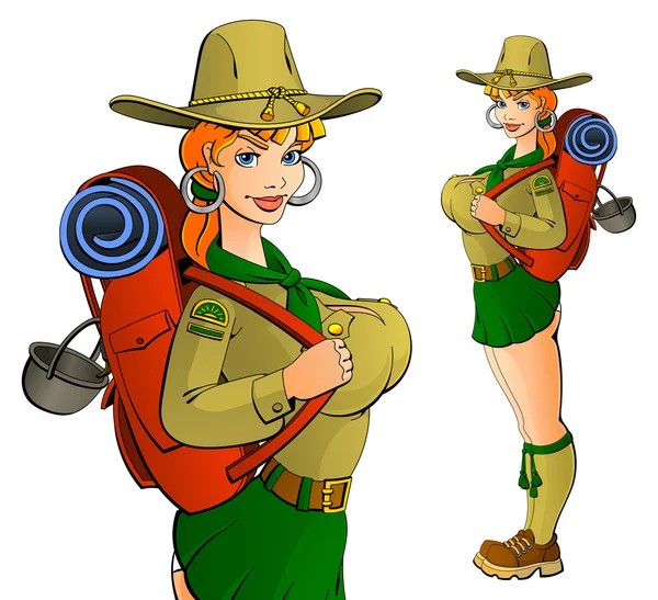 Scout fille va randonnée avec un sac à dos . — Image vectorielle