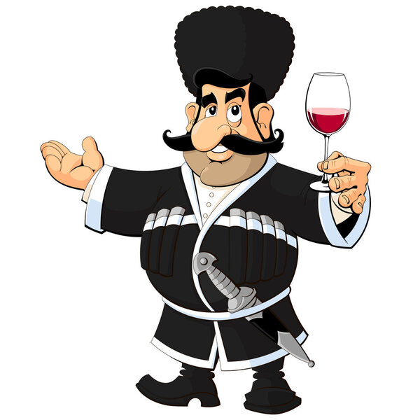 Caucasian man in national dress with a glass of wine.