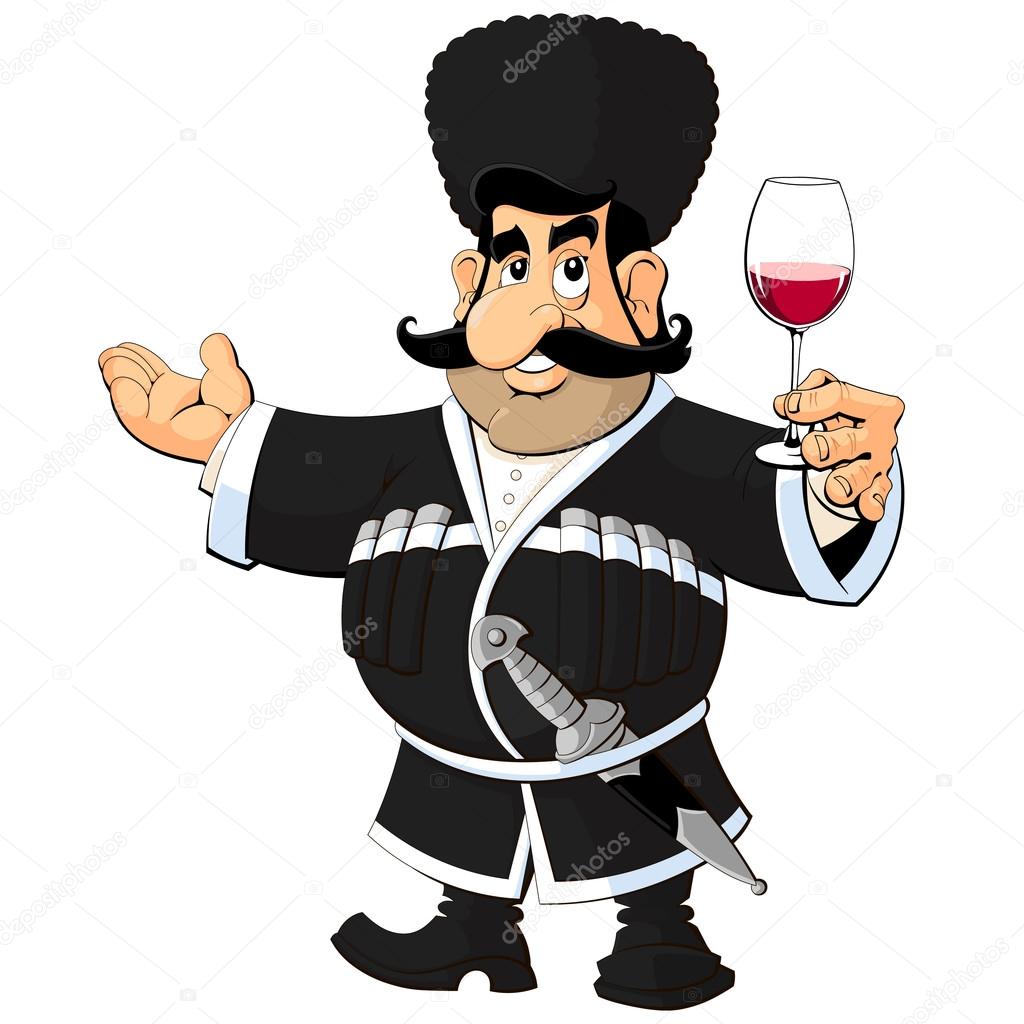 Caucasian man in national dress with a glass of wine.