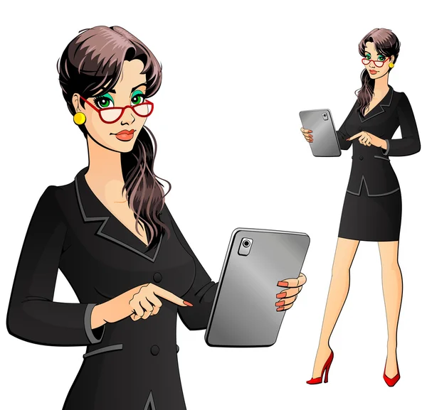 Zakenvrouw, secretaresse of advocaat werkt op een tablet-pc. — Stockvector