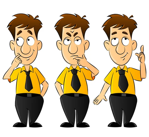 Çizgi film ofis çalışanı, satıcı, tezgahtar. Jestler ve duygular. Maskotları büyük bir set.