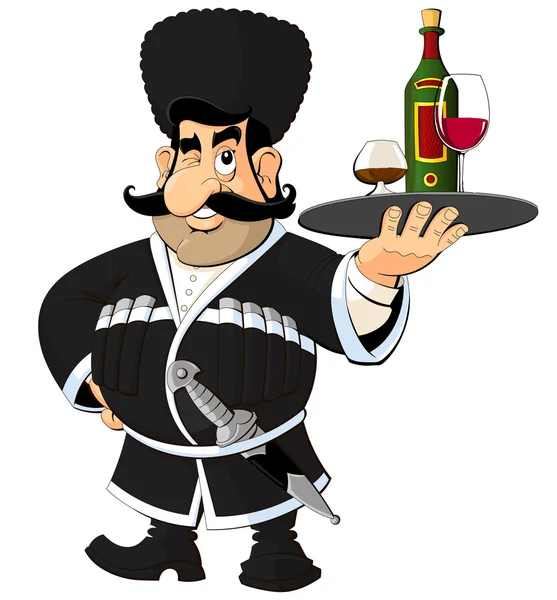 Hombre caucásico en traje nacional ofrece vino y brandy . — Vector de stock