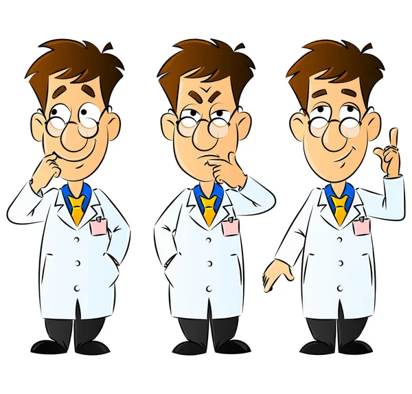 Dokter, ingenieur, wetenschapper of laboratorium. Bewegingen en emoties. Aantal Mascottes. — Stockvector