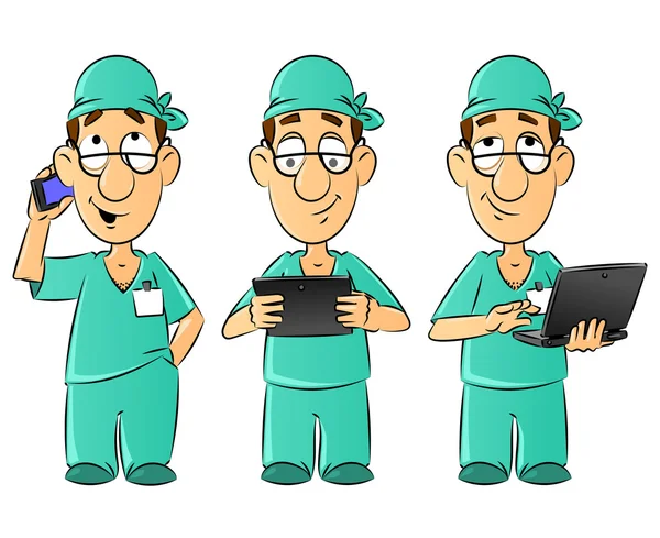 Cartoon doctor with a mobile phone, tablet PC and laptop. A large series of mascots. — Stockový vektor