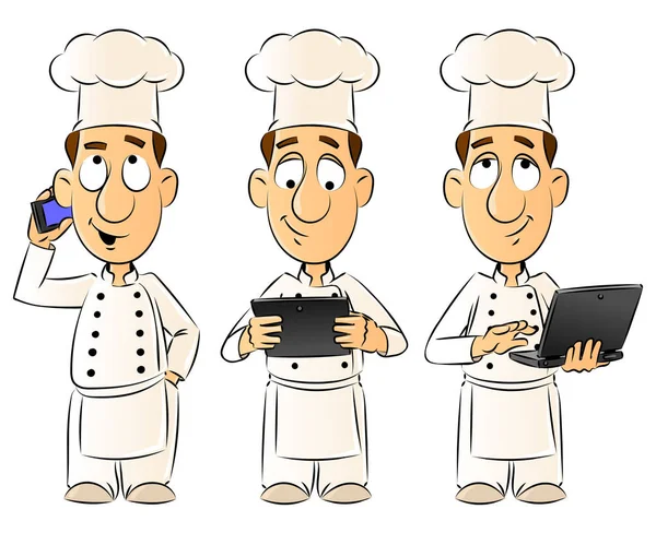 Cartoon cozinhar com um telefone móvel, tablet PC e laptop. Uma grande série de mascotes . —  Vetores de Stock