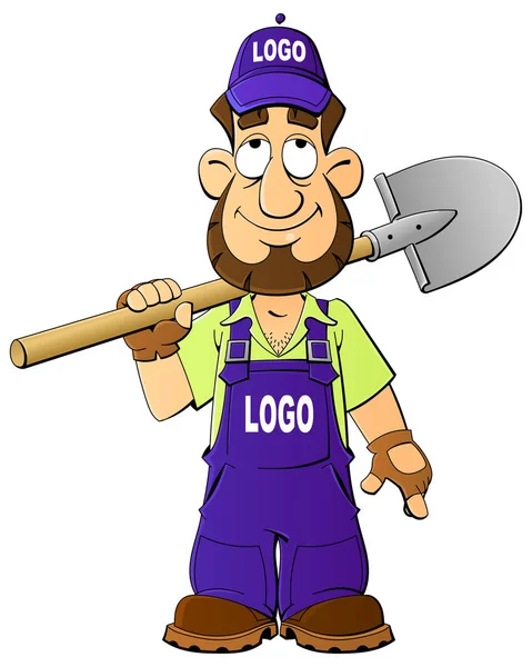 Digger, construction, worker with a shovel. From a large set of mascots. Replace your logo on. — Stock Vector