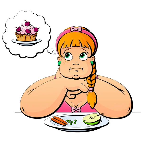 Tlustá žena chce zhubnout, vyvážená strava. — Stockový vektor