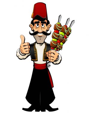 Türk aşçı geleneksel kostümlü bir şiş kebap sunar.