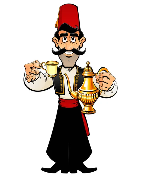 Turkish cook in a traditional suit offers you coffee. — Stock Vector