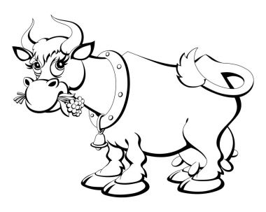 Boyama kitabı. Çim çiğneme karikatür inek.