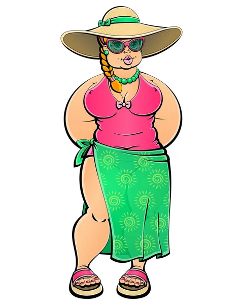 Voeding en gewicht. Mollige vrouw in badpak, hoed en pareo op het strand. Uit een grote reeks van soortgelijke afbeeldingen. — Stockvector