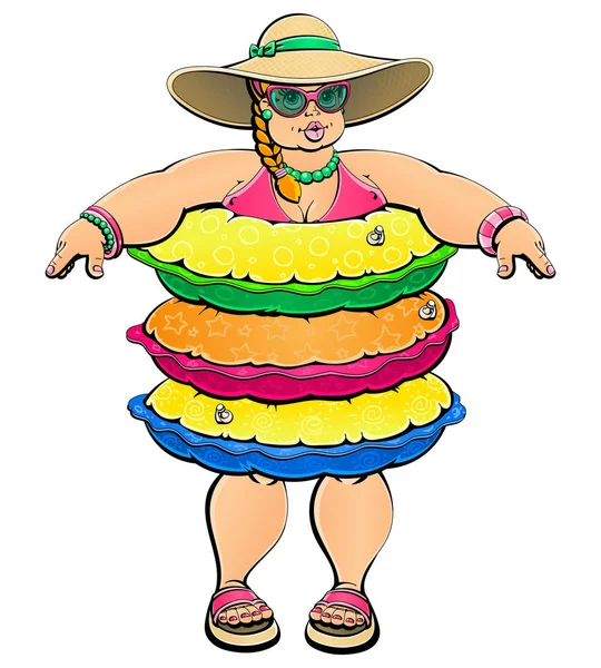 Voeding en gewicht. De complexvorm dikke vrouw op het strand is in verlegenheid gebracht door haar lichaam. Uit een grote reeks van soortgelijke afbeeldingen. — Stockvector