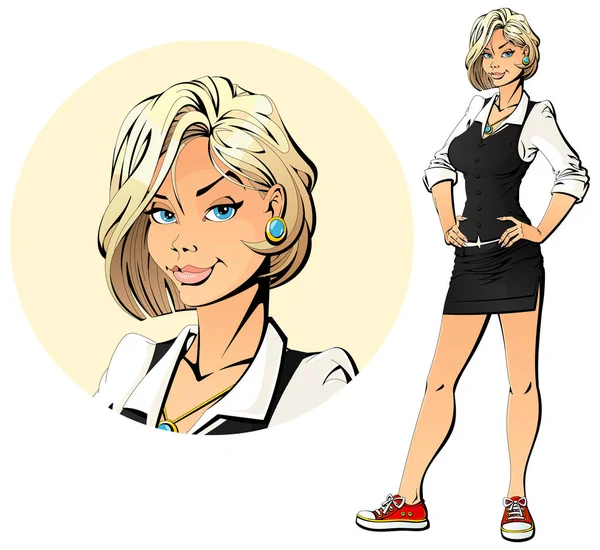 Coacher d'affaires. Blonde sexy en costume d'affaires et baskets rouges . — Image vectorielle