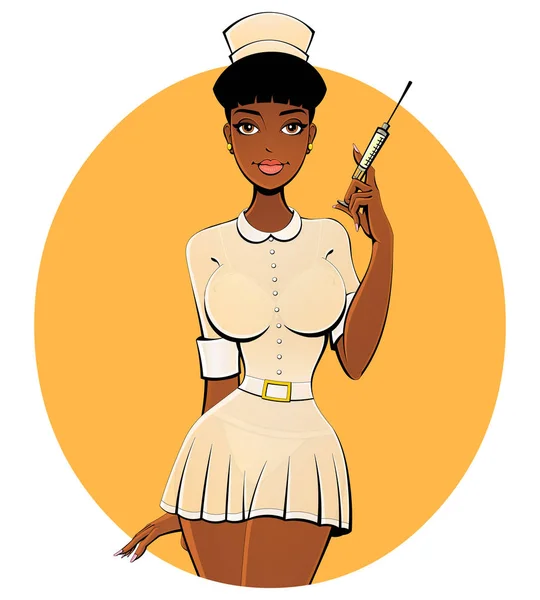 Sexy schwarze Krankenschwester in einem transparenten Kleid mit einer Spritze. — Stockvektor