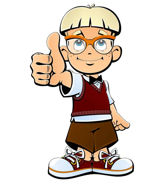 Een cartoon goede jongen. Verlegen, rustig. Een goede student. Nerd. Gebaar van goedkeuring. — Stockvector