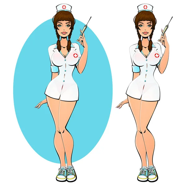 Sexy pielęgniarka w suknię przejrzysty z strzykawki. Dla dorosłych. — Wektor stockowy