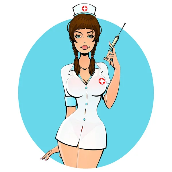Sexy verpleegster met een spuit voor een schot. Avatar, pictogram. Voor volwassenen. — Stockvector