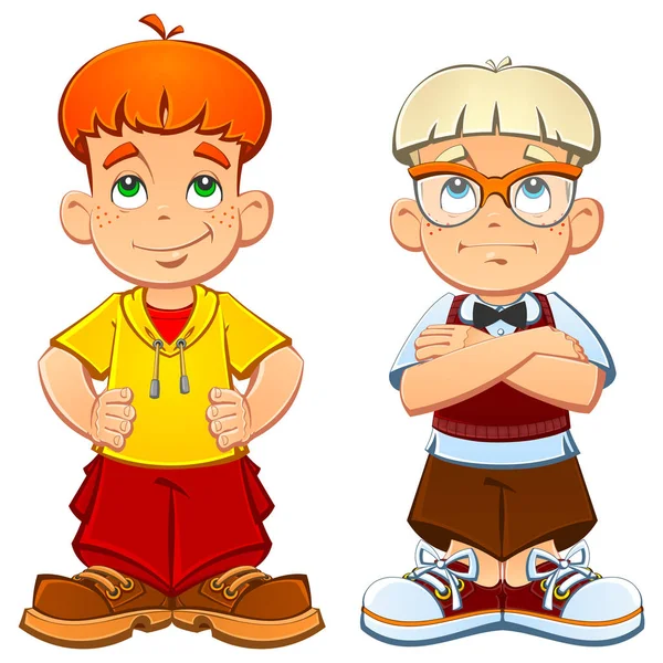 Brothers are twins, a bully and a quiet. Cartoon characters. — Stock Vector