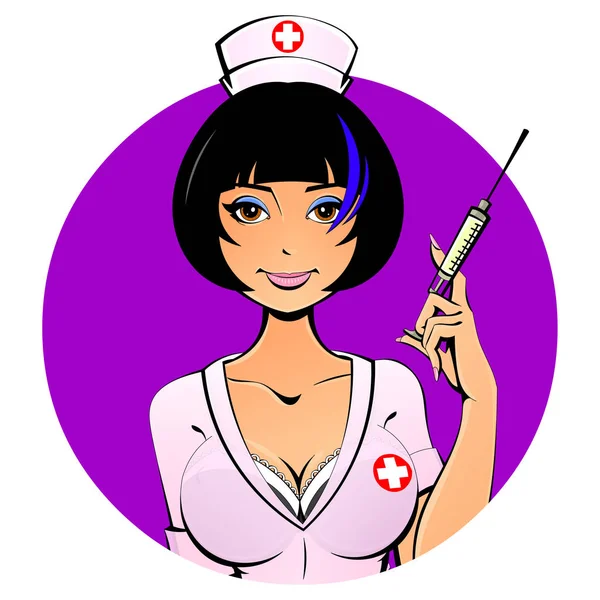 Enfermera asiática sexy con una jeringa para una inyección. Avatar, icono. Para adultos . — Vector de stock