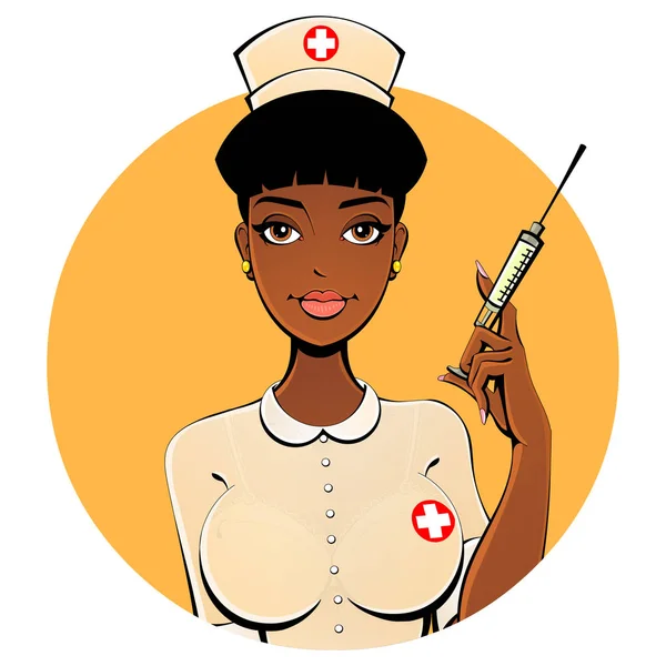 En sexig svart sjuksköterska med en spruta för ett skott. Avatar, ikonen. För vuxna. — Stock vektor