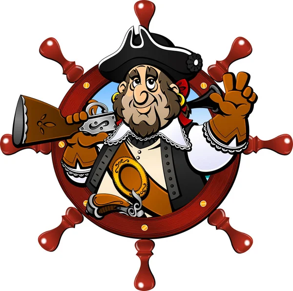 Pirat. in einem runden Rahmen vom Schiffslenkrad aus. Avatar, Symbol, Emblem. — Stockvektor