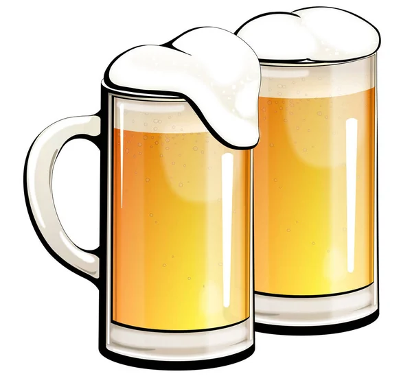 Light beer in glass mugs. — Stock Vector