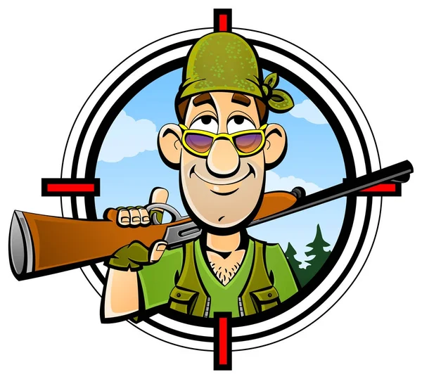 Cartoon hunter. Avatar, embleem, log, pictogram. — Stockvector