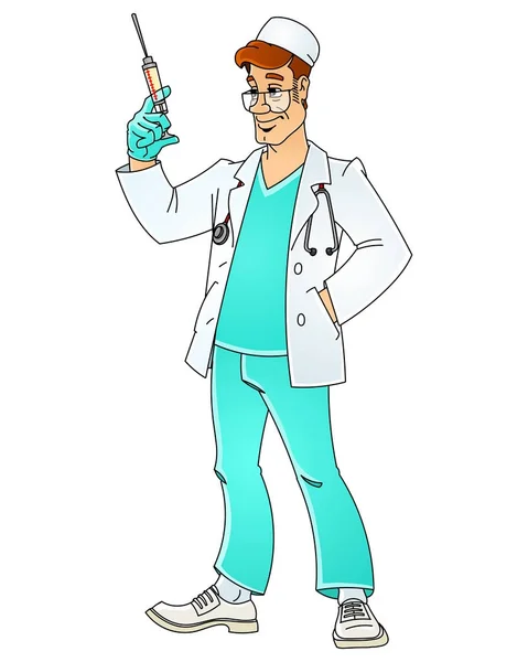 A doctor with a syringe makes an injection. — Stock Vector