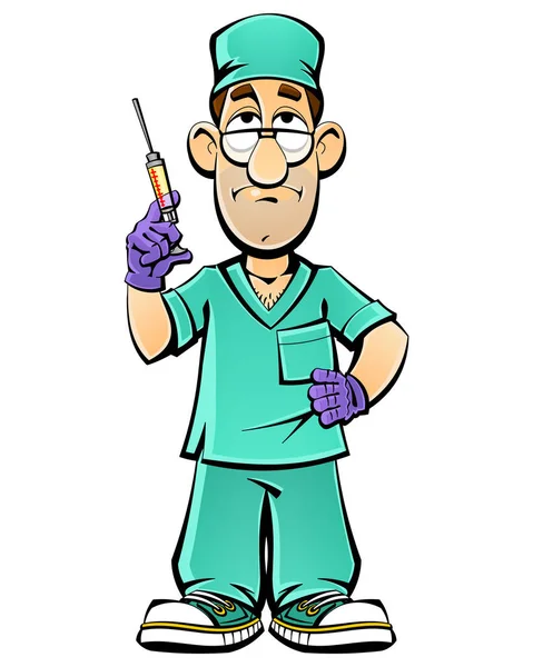 Kreslený doktor stříkačkou dělá injekce. — Stockový vektor