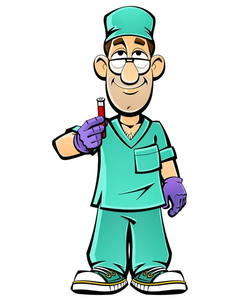 Cartoon arts bestudeert een bloedonderzoek in een reageerbuis. — Stockvector