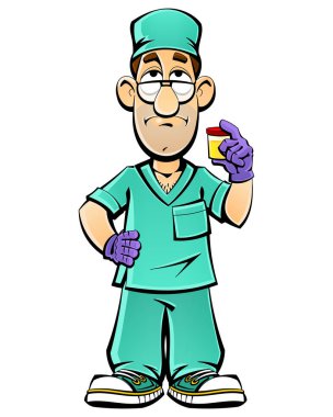 Çizgi film doktor idrar analizi için bir kapsayıcıdır.