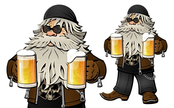 Old bearded biker with beer in glass mugs. Cartoon character. — Stock Vector