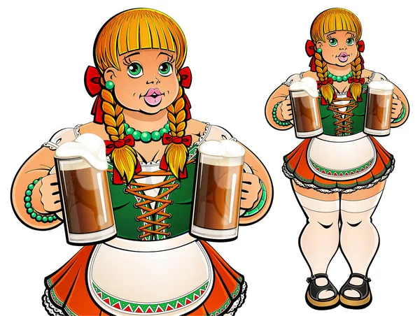 Sexy chica gorda en vestido tradicional bávaro ofrece una cerveza ligera en tazas de vidrio . — Vector de stock