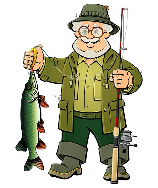 The fisherman caught a pike. Cartoon character. — Stock Vector