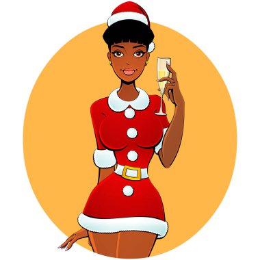 Noel seksi siyah kız Santa bir kadeh şampanya ile.