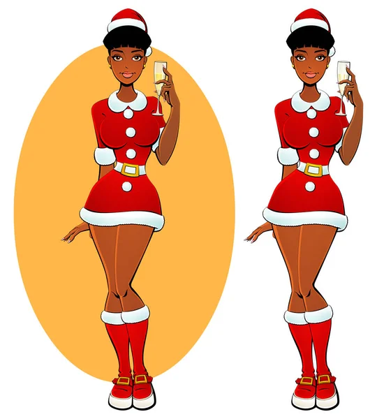 Christmas Sexy Black Girl Santa Glass Champagne — Stock Vector