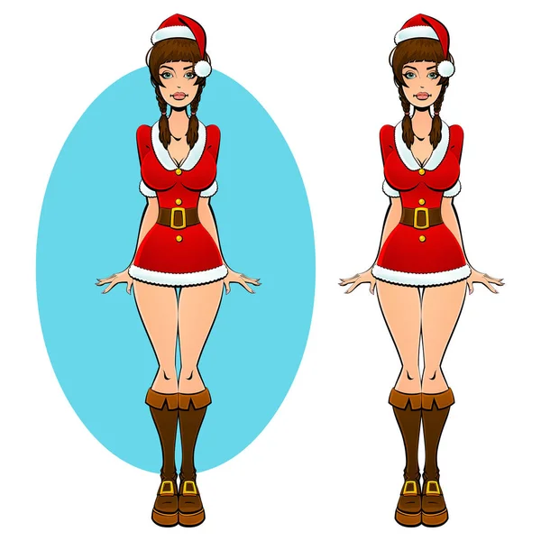 Рождественская Девушка Санта Клаус Красной Шапке Пальто — стоковый вектор
